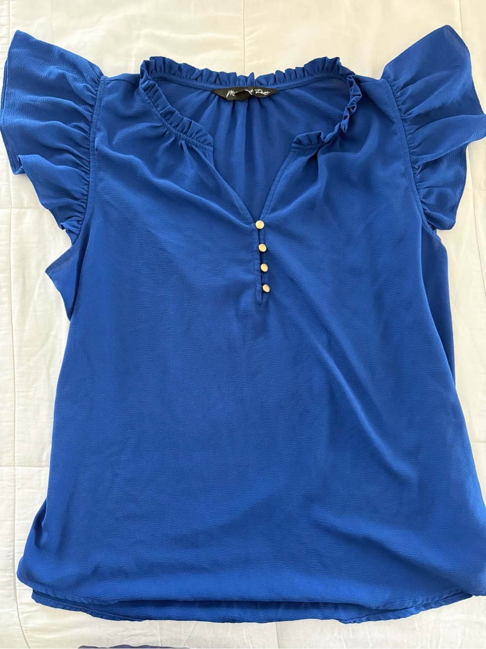Montgomery Post Royal Blue Ruffle Flutter Sleeve Blouse Gold Buttons Size XL